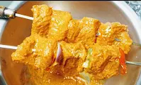 Threaded fish cubes in shewer for fish tikka recipe
