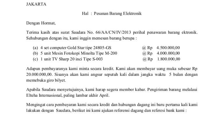 Contoh Surat Pesanan Barang Semi Block Style Dalam Bahasa