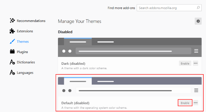 activar tema por defecto en firefox