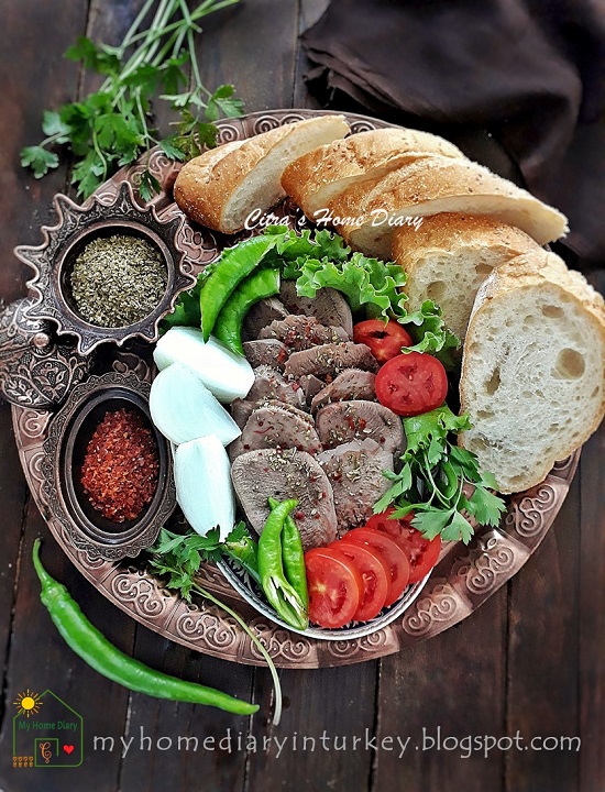 Turkish Food Recipe ; Dil Söğüş / Boiled  Sliced beef (ox) tongue | Çitra's Home diary. #cookingwithoffal #beeftonguerecipe #turkishfoodrecipe#dilsöğüş #söğüş #easyrecipe #resepmasakanturki #howtocooktongue