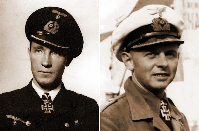 На фото слева: командир U 333 Петер Кремер, выведенный в романе как «Меркель-Катастрофа».  На фото справа: командир U 93 Клаус Корт, узнаваемый в персонаже по имени Кортман.