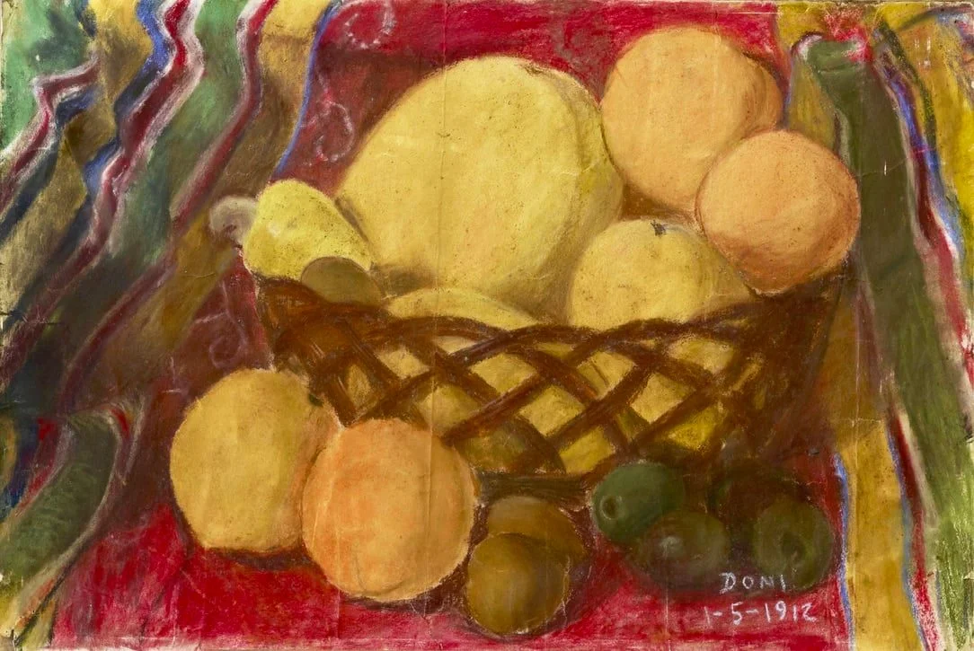 Bodegon Still Life Painting pastel on paper depicting a basket full of fruits such as mangoes, cashew, chico, papaya, chesa/tiesa and siniguelas