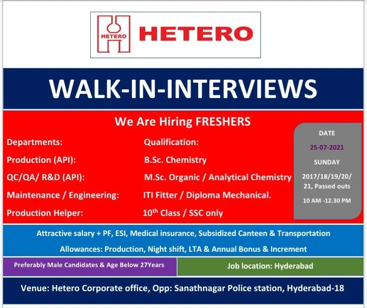 Hetero Pharma Recruitment 10th, 12th, BSC, MSC, ITI, Diploma Freshers For Production, QA, QC, R&D, Engineering, Maintenance Departments