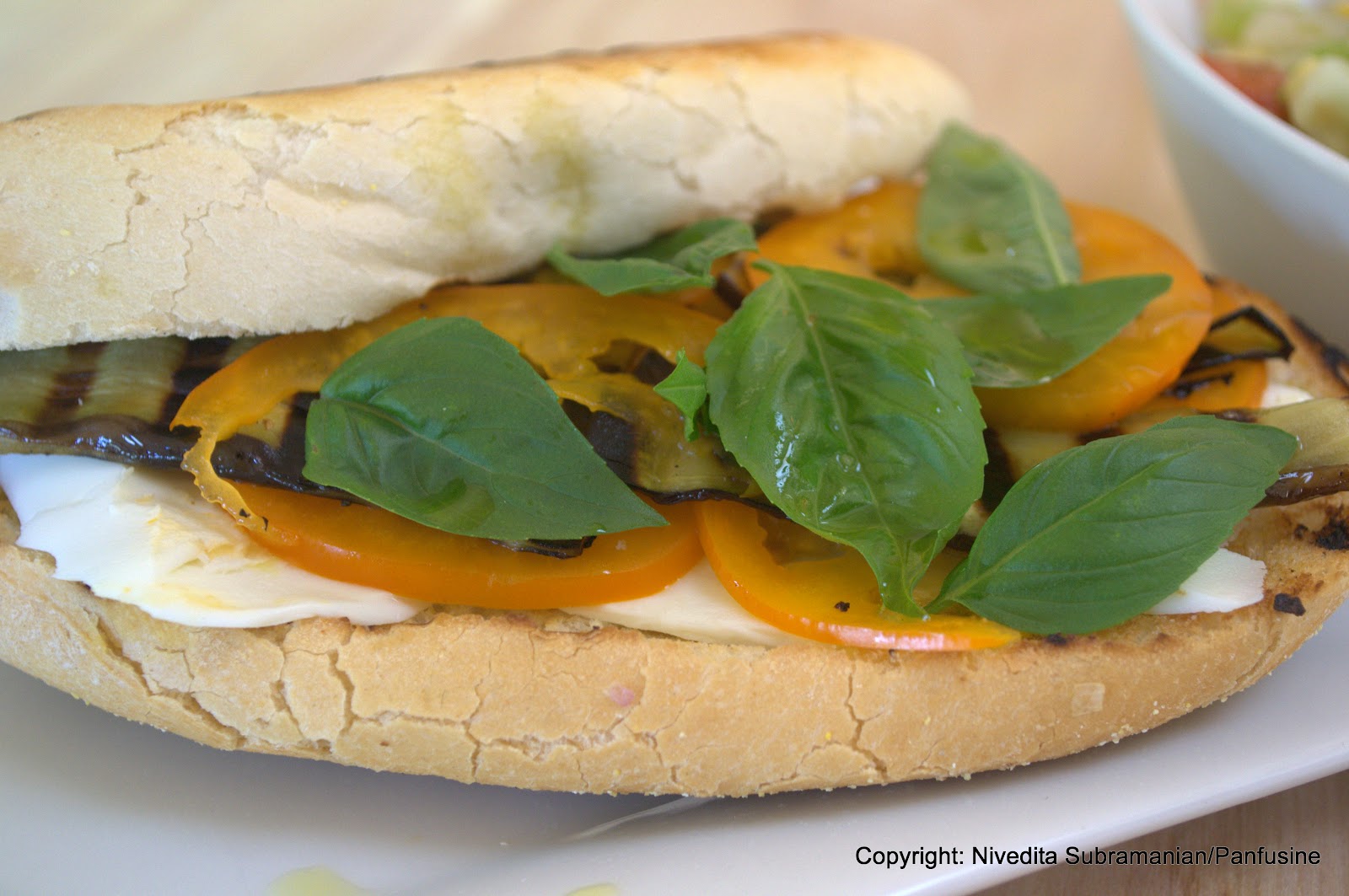 Day 209 Panini with mozzarella,roasted eggplant & Golden tomatoes