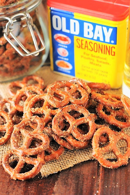 Cajun Pretzels Image ~ mini pretzel twists seasoned with Old Bay, Ranch seasoning, and cayenne pepper.  They're addictively delicious!