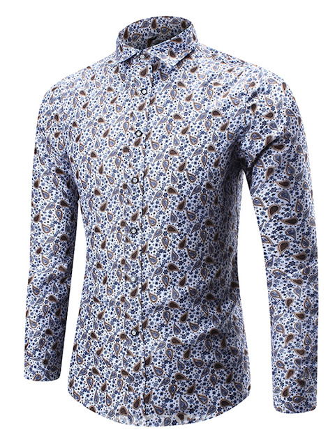  Casual Floral Print Long Sleeve Men's Paisley Shirt