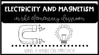 Text reads "Electricity and Magnetism in the elementary classroom using a hands on approach" there is a picture of a magnet and lightbulb