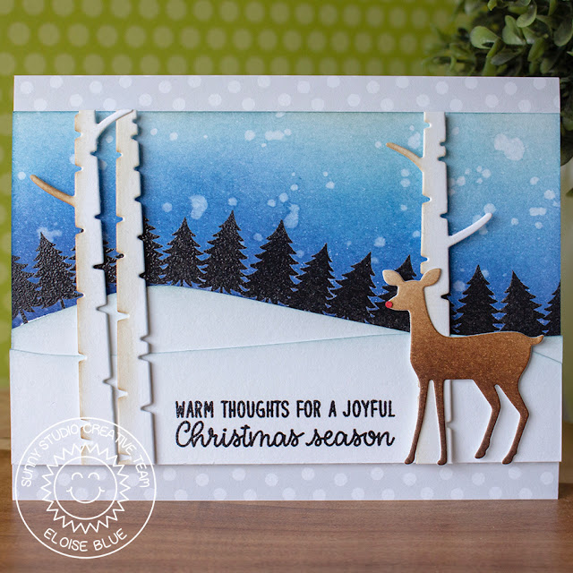 Sunny Studio Stamps: Here Comes Santa Foxy Christmas Rustic Winter Dies Snowy Hill Forest Scene Card by Eloise Blue