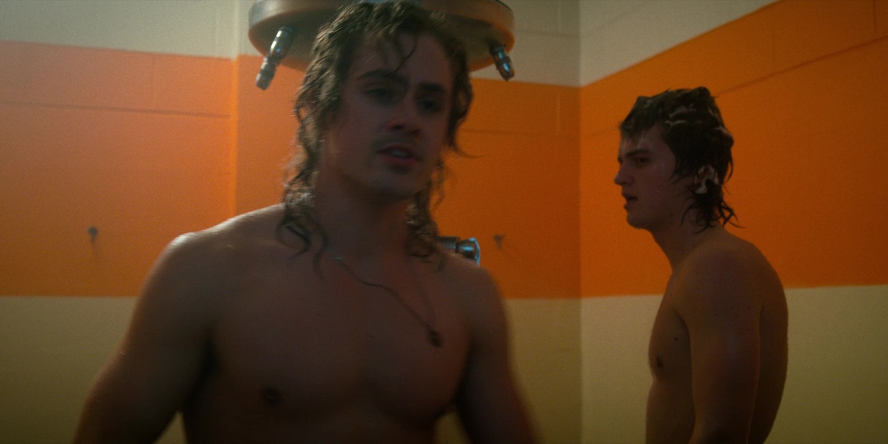 Dacre Montgomery, Joe Keery and Chester Rushing shirtless in Stranger Thing...