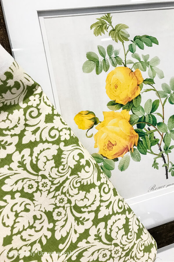 Framed Yellow Roses against green fabric for Bathroom DIY