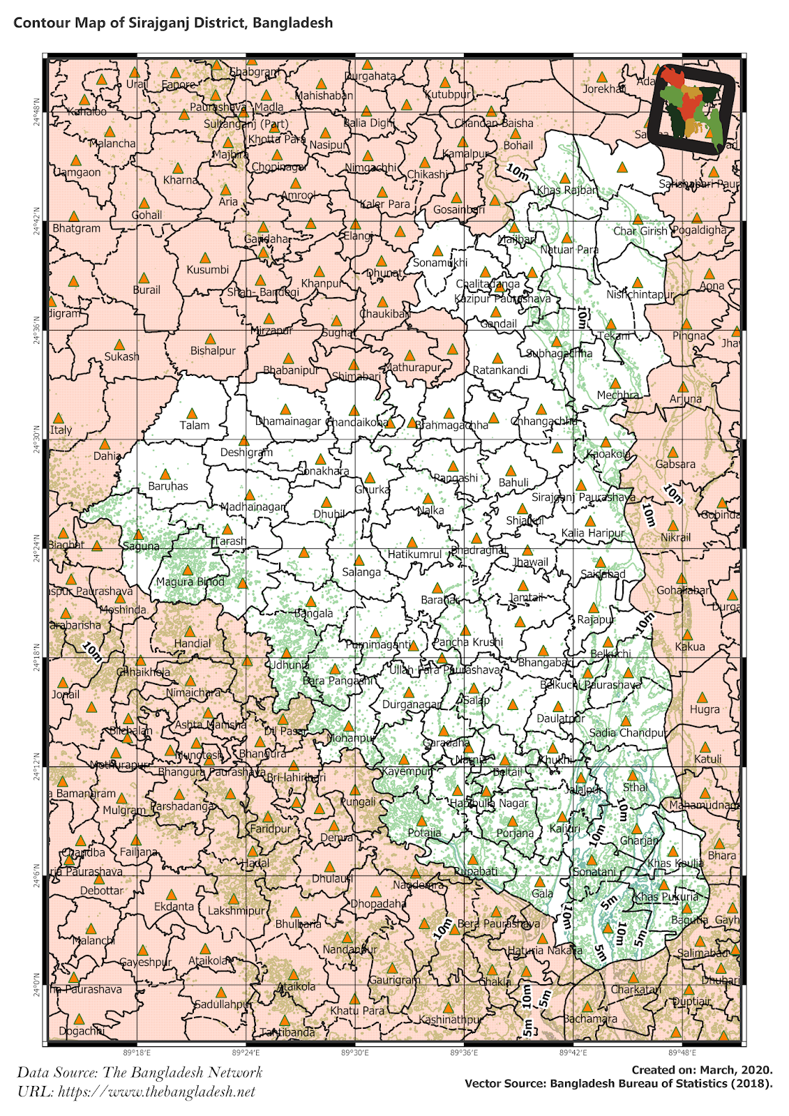 Elevation Map of Sirajganj District of Bangladesh