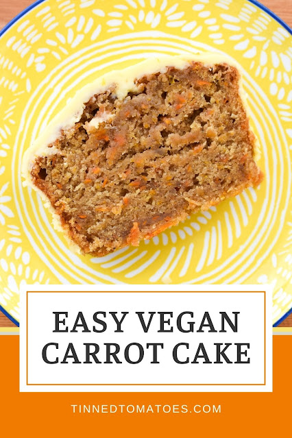 An easy recipe for vegan carrot cake with orange icing. It slices well, can be frozen, and is perfect for afternoon tea or served as dessert.