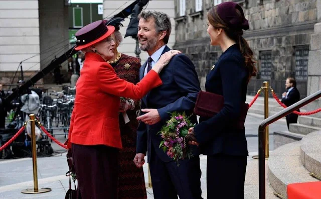 Crown Princess Mary wore a crepe knit wrap jacket by Scanlan Theodore. Queen Margrethe, Princess Benedikte, Prince Frederik