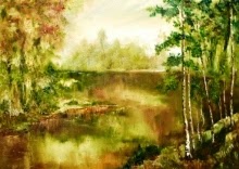 oil painting on canvas Birch. Landscape in Beige Tones