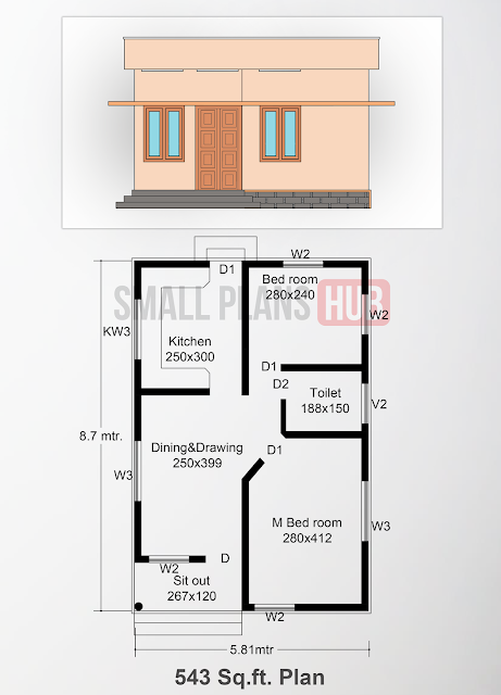 543 sq.ft.Two bedrooms low budget Plan and elevation