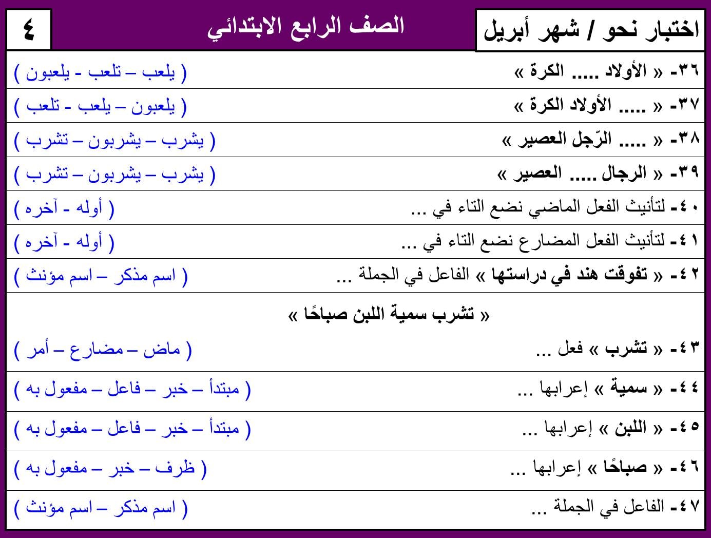 نماذج امتحان لغة عربية منهج ابريل الصف الرابع الابتدائي ترم ثاني بالاجابات 10