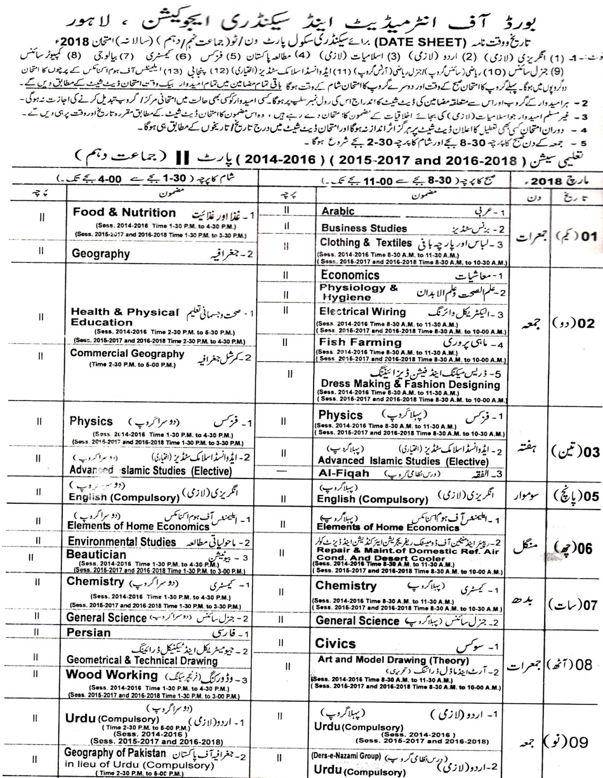 BISE Lahore Board Date Sheet 9th Class & 10th Class 2023 Pk Live Info
