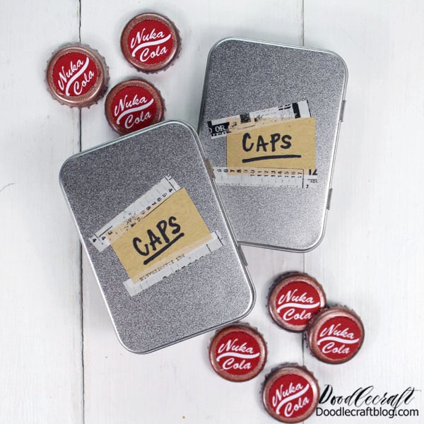Okay, more quick crafts to make your Fallout themed party rock! Caps stash! Find some old tins and brown paper. Write "CAPS" on the paper and tape them on with some washi tape.