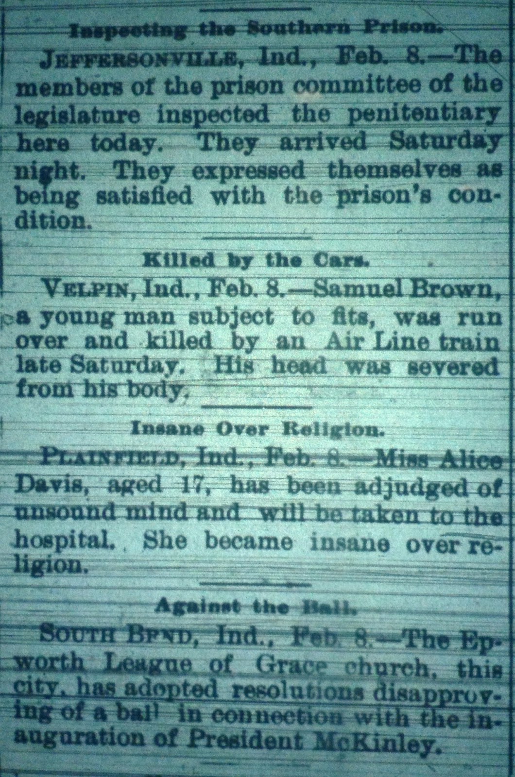 Indiana News From the Past: Obits from February 8, 1897