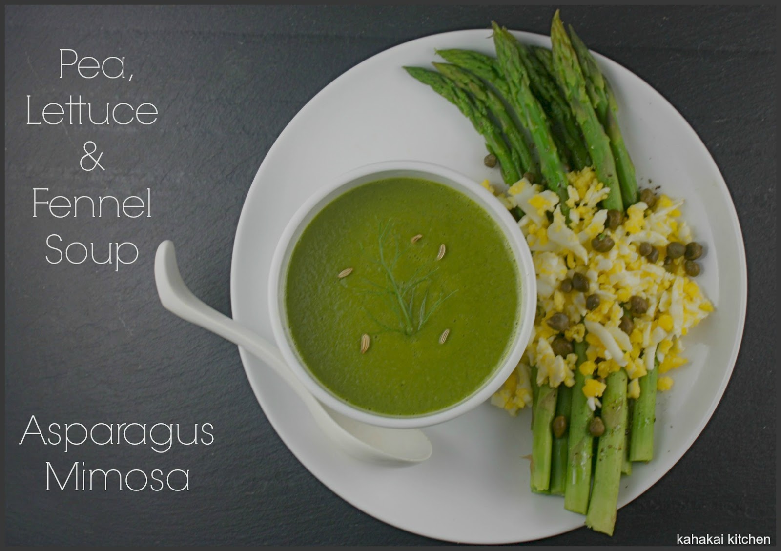 Kahakai Kitchen Pea, Lettuce & Fennel Soup with Asparagus Mimosa