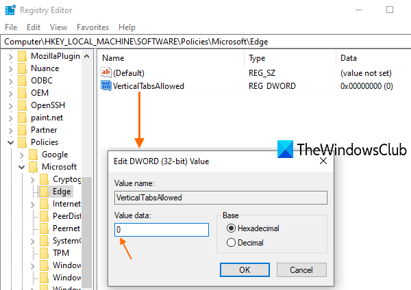 VerticalTabsAllowed dword 값의 값 데이터에 0 추가