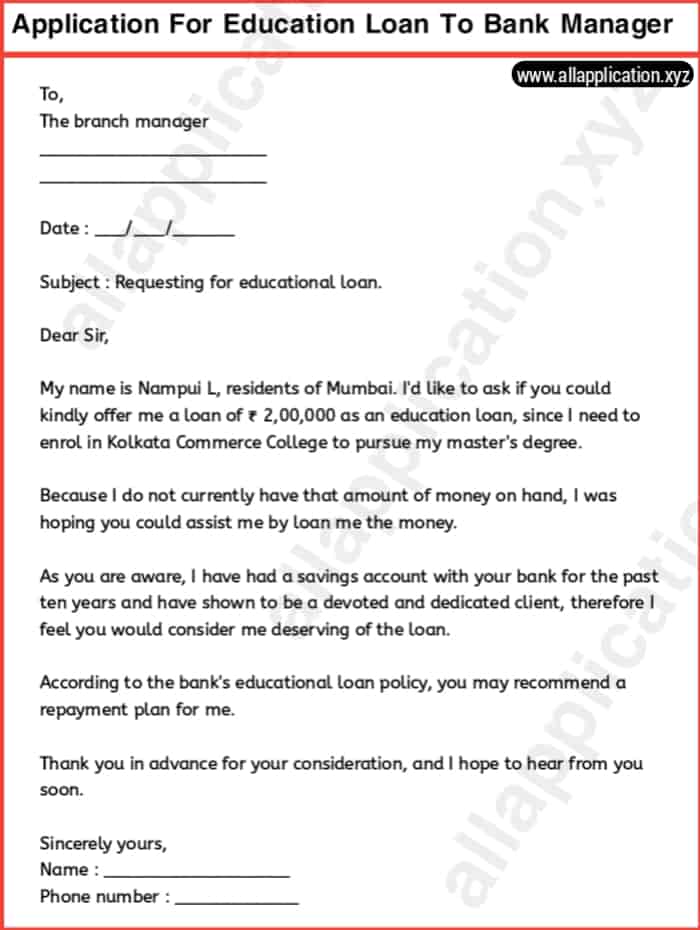 letter to bank manager for education loan first installment