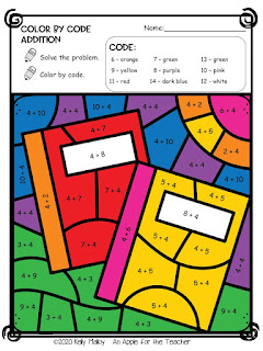 Color by Number Addition Facts School Supply Themed notebooks colored in