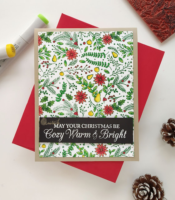 hero arts holiday florals bold cling stamp, Hero arts background stamp, hero arts cling stamp, hero arts Christmas card, copic coloring, hero arts Christma message stamp, background stamped card, Christmas card, Quillish, Cards by Ishani.