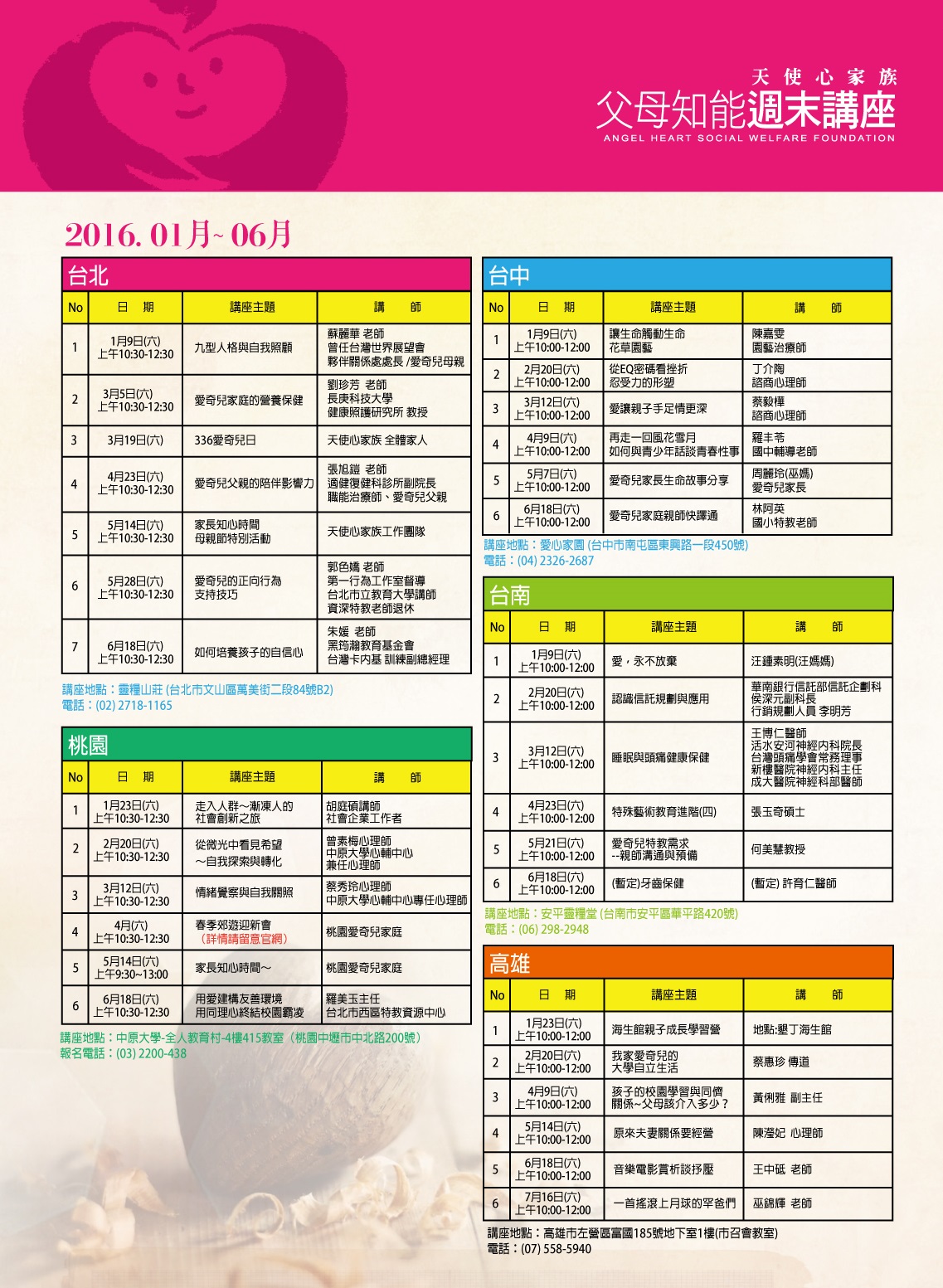 天使心家族2016上半年講座資訊