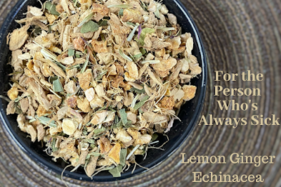 Photo of tea leaves in a cup with text reading "for the friend who's always sick: Lemon Ginger Echinacea"