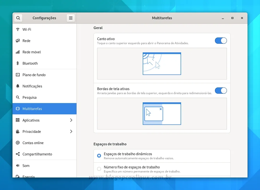 Painel Multitarefas no aplicativo Configurações do GNOME 41