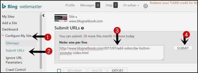 Submit blog post urls in bing webmaster tool Submit blog post urls in bing webmaster tool