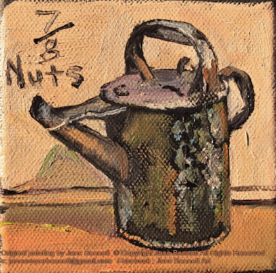 Plein air still life painting of old oil cans in Large Erecting Shop, Eveleigh Railway Workshops by industrial heritage artist Jane Bennett