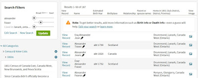 Screen capture from Ancestry.ca showing the search filters used to locate Alexander Fraser in Lanark, Ontario, Canada in the 1851 Census of Canada West along with the first five results returned.