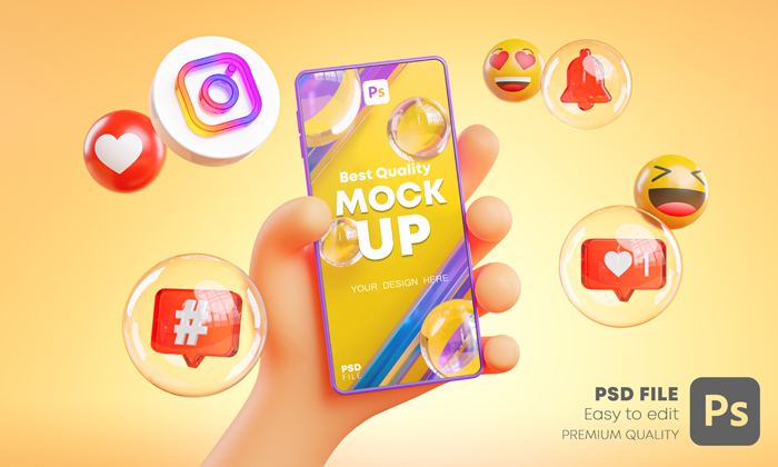 3D Hand Holding Mobile Around Instagram Icons Mockup 3D Hand Holding Mobile Around Instagram Icons Mockup