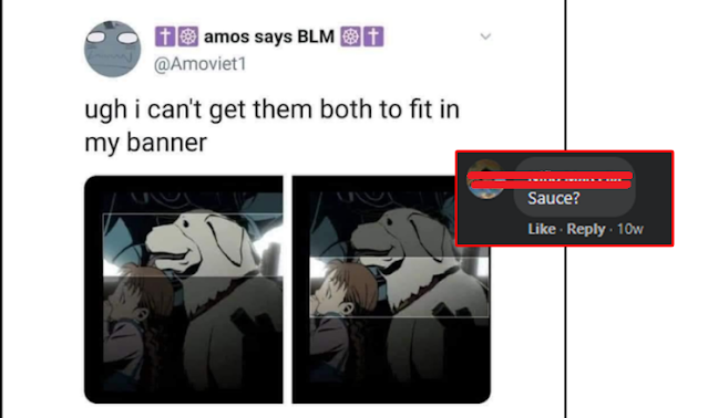 Dog and girl in anime series Full Metal Alchemist with an editor trying to fit them together in a banner and a Facebook commenter asking for the sauce