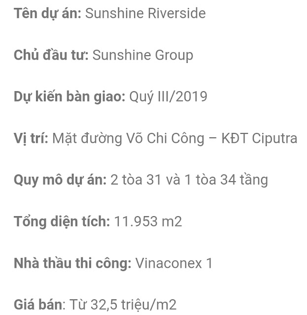 Giá bán căn hộ Penthouse dự án chung cư Sunshine Riverside Ciputra Hà Nội