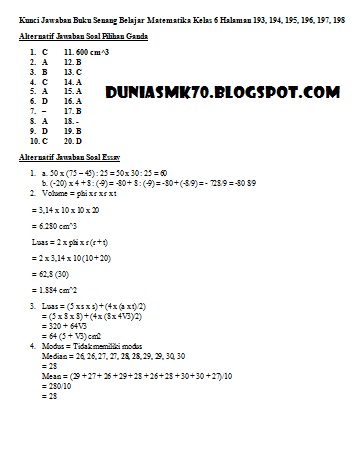 Kunci Jawaban Buku Senang Belajar Matematika Kelas 6 Kurikulum 2013 Revisi 2018 Halaman 193 194 195 196 197 198 Dunia Smk