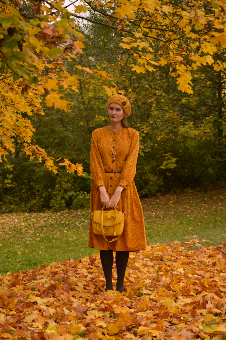 mustard yellow handmade dress, autumnal aesthetic, georgiana quaint, 1940s inspired vintage dress