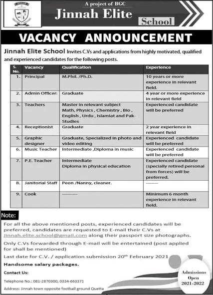 Jinnah Elite School Quetta Jobs 2021 February Teachers, Admin Officer & Others Latest