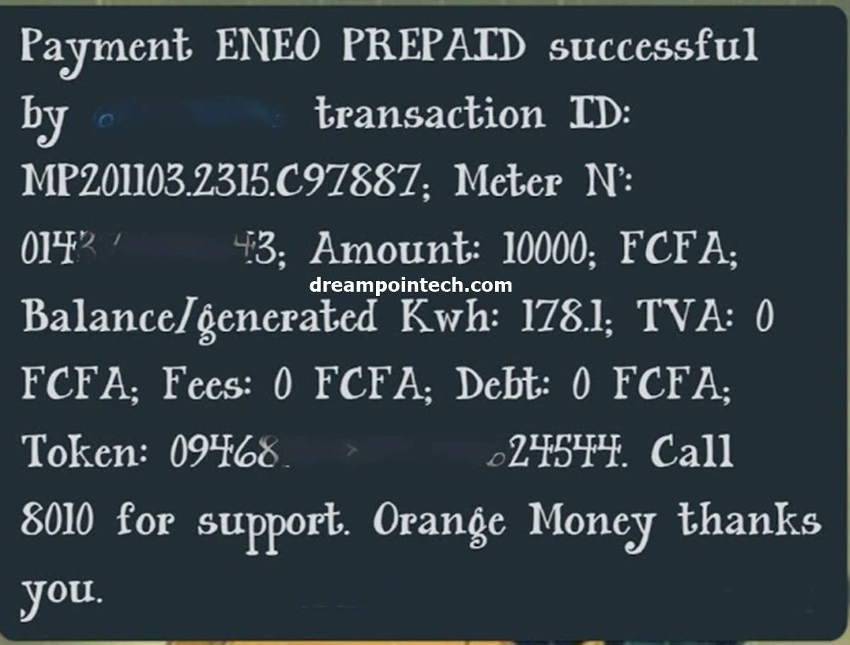 Vous recevrez un message d'Orange money confirmant votre achat d'électricité