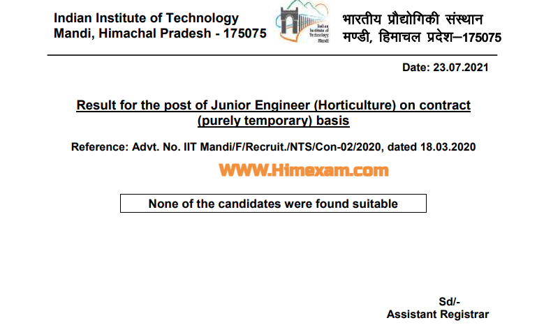 IIT Mandi Junior Engineer (Horticulture) Result 2021