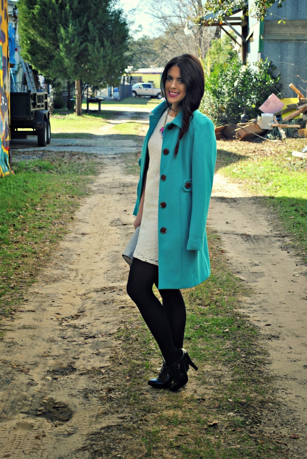 Simply Style Remains White dress, black tights, blue coat