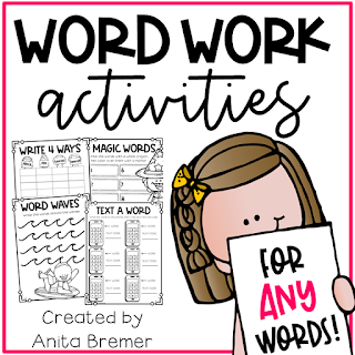 Word work spelling activities for ANY words! Word work is an essential part of language learning in the primary grades. Make word work FUN while LEARNING takes place! There are seventeen different word work activities included in this pack. They can be used for absolutely ANY word learning! Perfect for literacy centers or sub plans. A must have for Kindergarten- Third Grade! #wordwork #wordworkactivities #spelling #1stgrade #2ndgrade #kindergarten