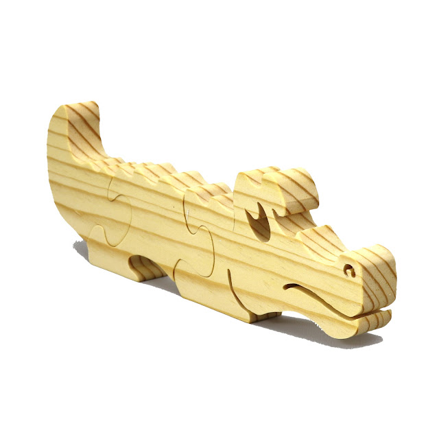 Wood Puzzle Baby Alligator, Simple Three Part Puzzle, Wooden Animal