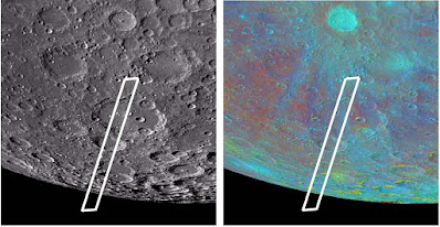 Dos imagenes de la Luna tomadas con la nave Clementine. El sector marcado es donde SOFIA detectó el agua. La imagen color es en UV, que marca la composición química lunar.