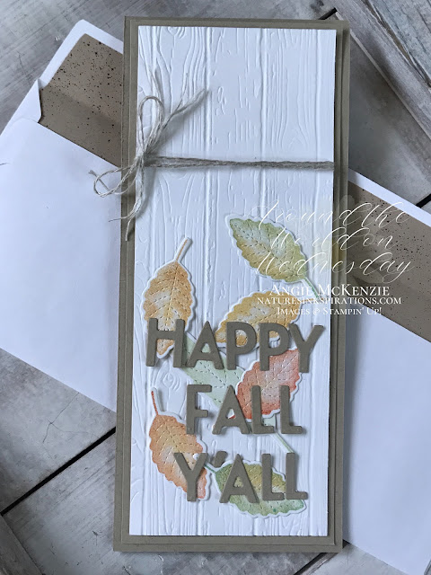 By Angie McKenzie for Around the World on Wednesday Blog Hop; Click READ or VISIT to go to my blog for details! Featuring the Love of Leaves Bundle and the Playful Alphabet Dies by Stampin' Up!® to create a Slim Line Fun-Fold Card; #stampinup #funfolds #cardmaking #loveofleavesbundle #loveofleavesstampset #stitchedleavesdies #playfulalphabetdies #pinewoodplanksembossingfolder #naturesinkspirations #sponging #handmadecards #20202021annualcatalog #augdec2020minicatalog #stampinupinks #cardtechniques #stampingtechniques #awowbloghop #aroundtheworldonwednesdaybloghop #happyfallyall #leaves #planksign #slimlinecards #slimleansigncard