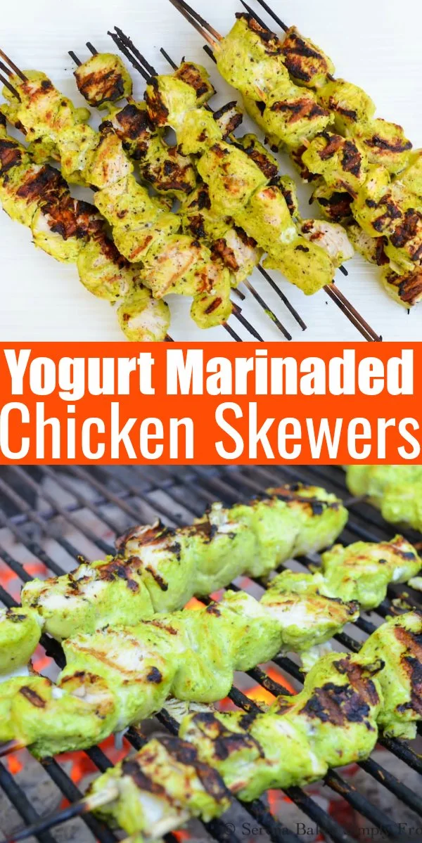 2 pictures top is of Chicken Skewers on White Plate the bottom picture is of Chicken Skewers over charcoal grill there is white writing Yogurt Marinaded Chicken Skewers with a orange background.