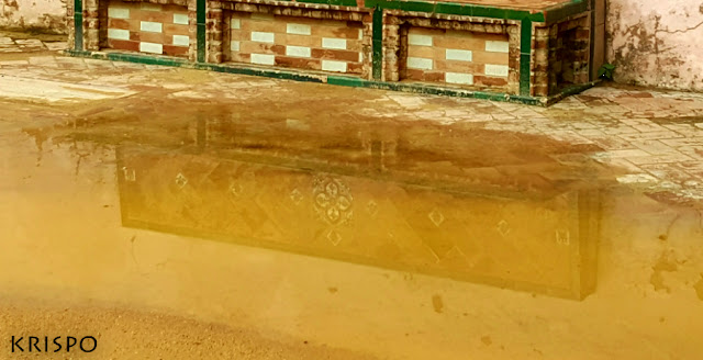 asiento del alcázar de sevilla reflejado en un gran charco