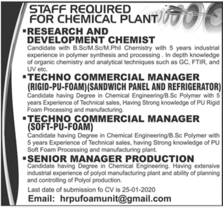 Chemical Plant Jobs Staff required January 2020 Engineering Career Opportunities
